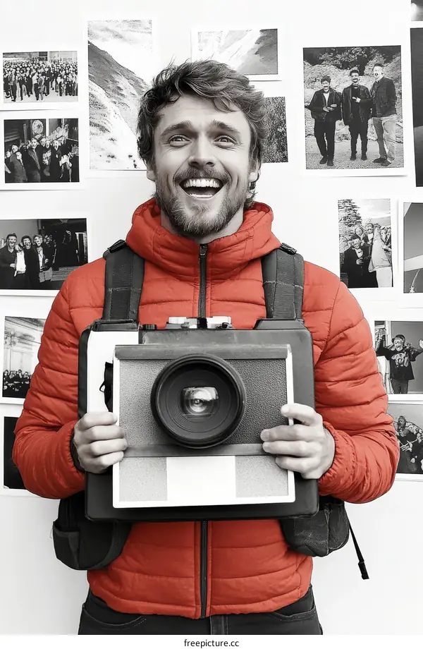 Smiling Man Holding Large Camera Surrounded by Photos