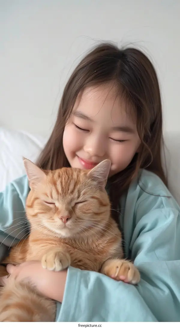 A girl hugging an orange cat