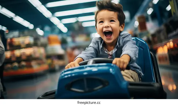 Little boy having fun riding a toy car in a supermarket