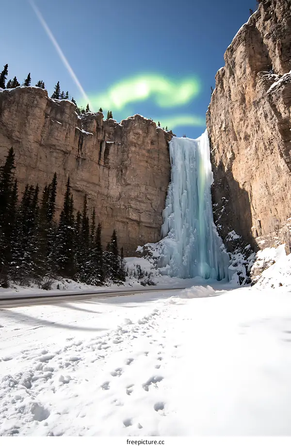 Frozen Waterfall in the Canadian Rockies with Aurora Borealis
