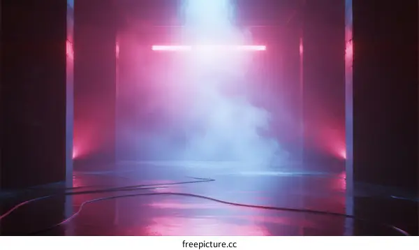 Futuristic room with neon lights and smoke creating a vibrant atmosphere