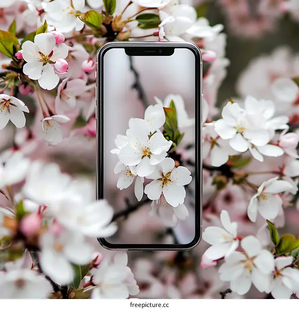 Smartphone with Cherry Blossoms on Screen and Background