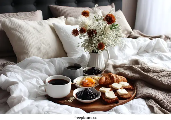 Cozy Breakfast in Bed with Flowers and Fresh Food