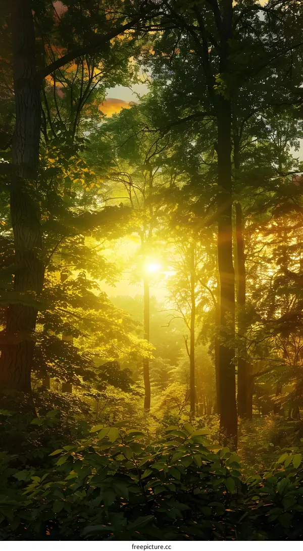 The sun shines through the forest