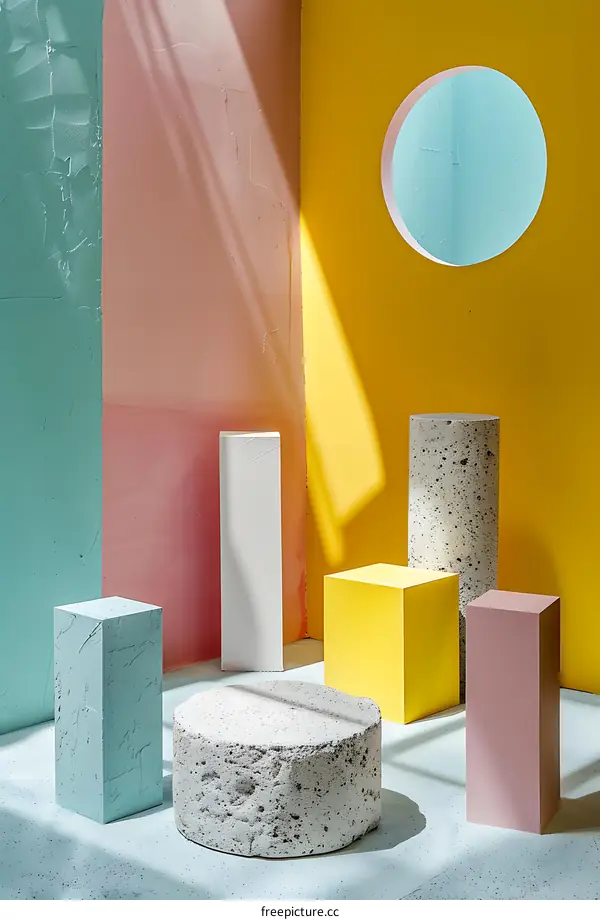 Abstract Minimalist Background with Colorful Shapes and Sunbeams