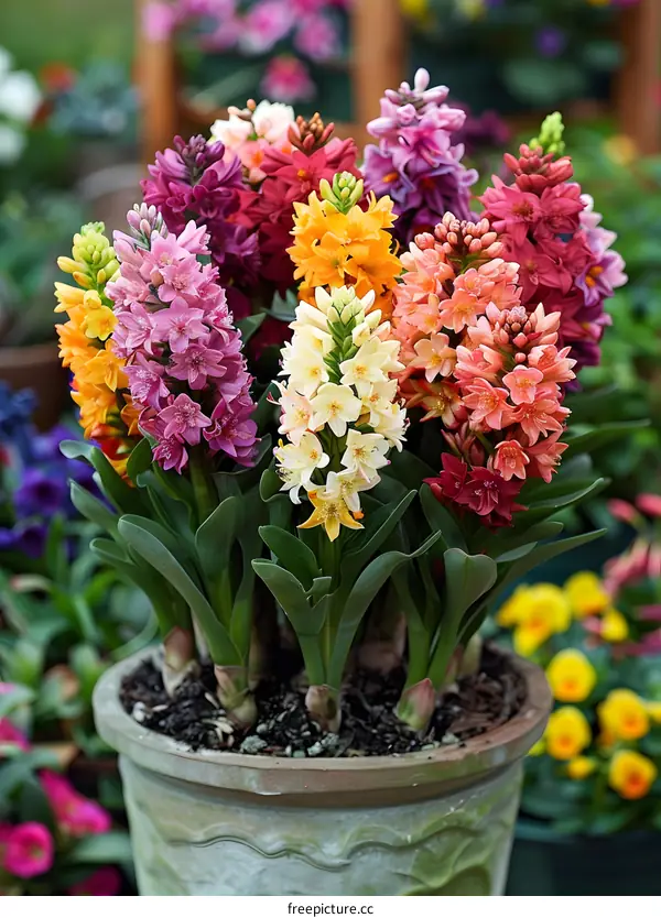 Colorful Hyacinths in a Clay Pot