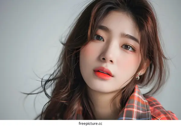 Portrait of a Young Asian Woman with Red Lips and a Checkered Shirt