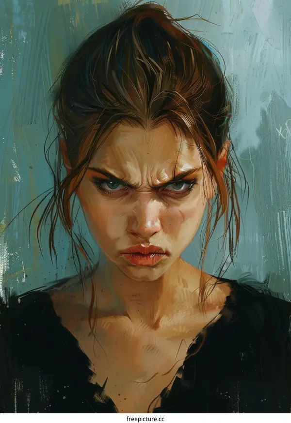 Portrait of a young woman with a stern expression