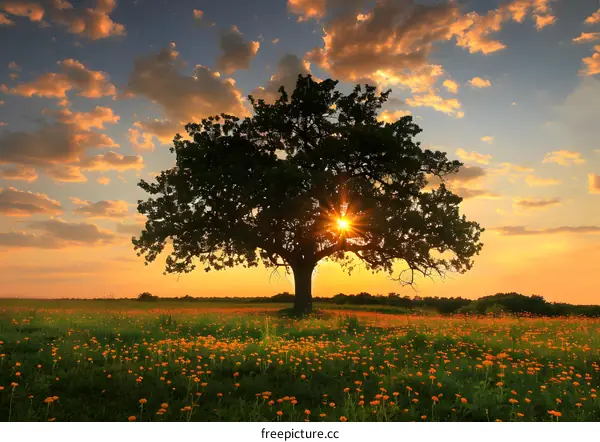 Tree Silhouette Against Sunset Sky with Field of Wildflowers