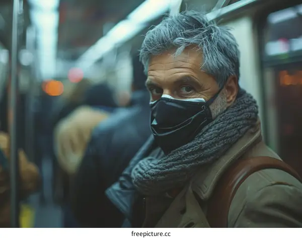 Portrait of a man wearing a mask on a train