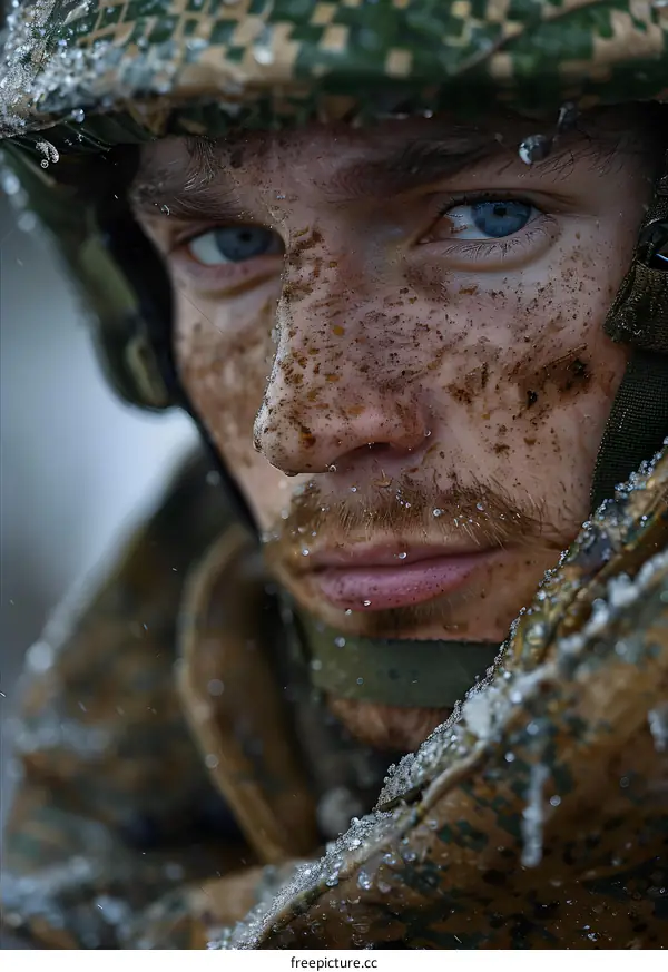 Portrait of a young soldier with mud on his face