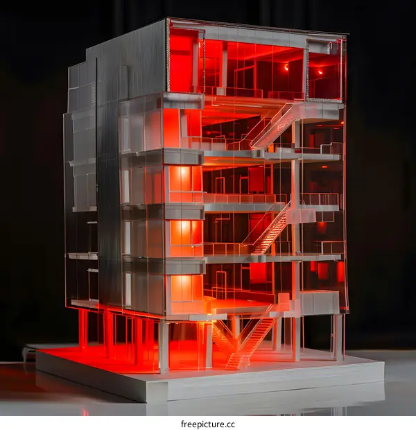 Modern Transparent Building Model With Red Lights