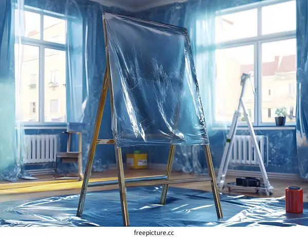 Protected Canvas on Easel in a Room Under Renovation