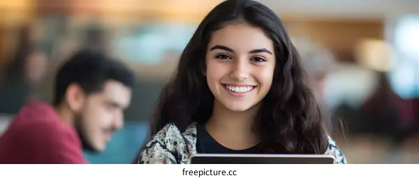 Smiling Young Woman With Long Brown Hair Using A Tablet