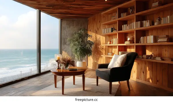 Coastal Reading Nook with Wooden Bookshelves