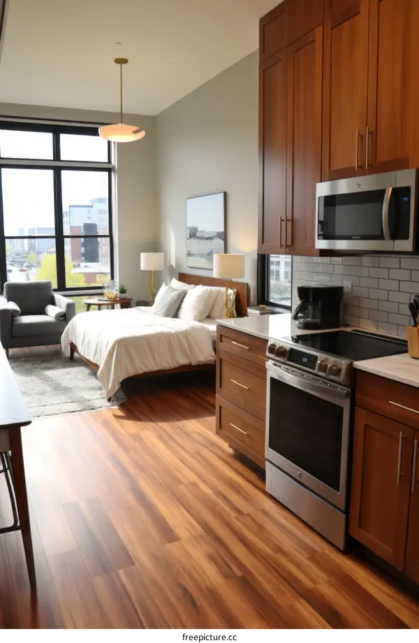 Efficiency apartment with hardwood floors and stainless steel appliances