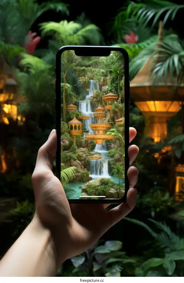 Asian Jungle Waterfall and Pavilion Landscape on Mobile Phone