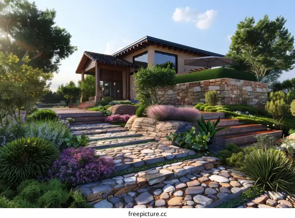 Modern Gray Stone Exterior House, Walkway, and Landscaping