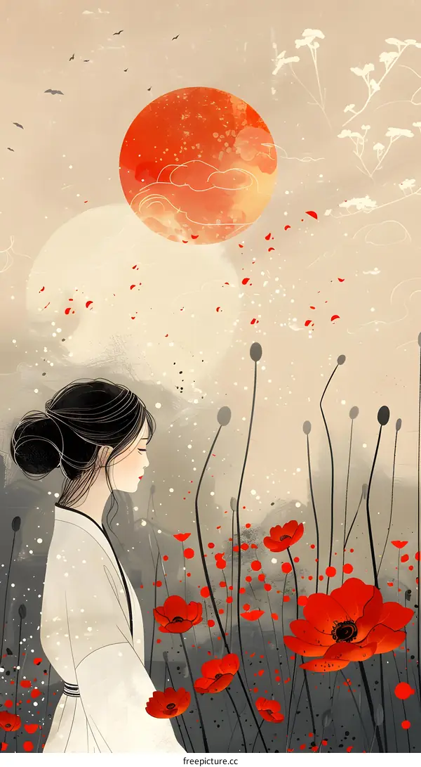Woman in Kimono with Red Flowers