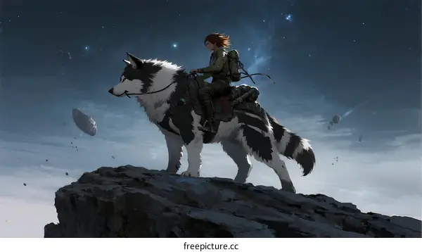A Woman Riding a Mythical Wolf on a Rocky Space Landscape