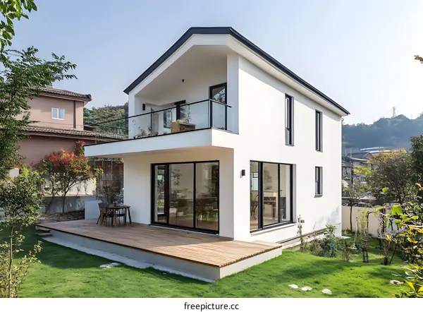 Modern White House With Wooden Deck And Balcony