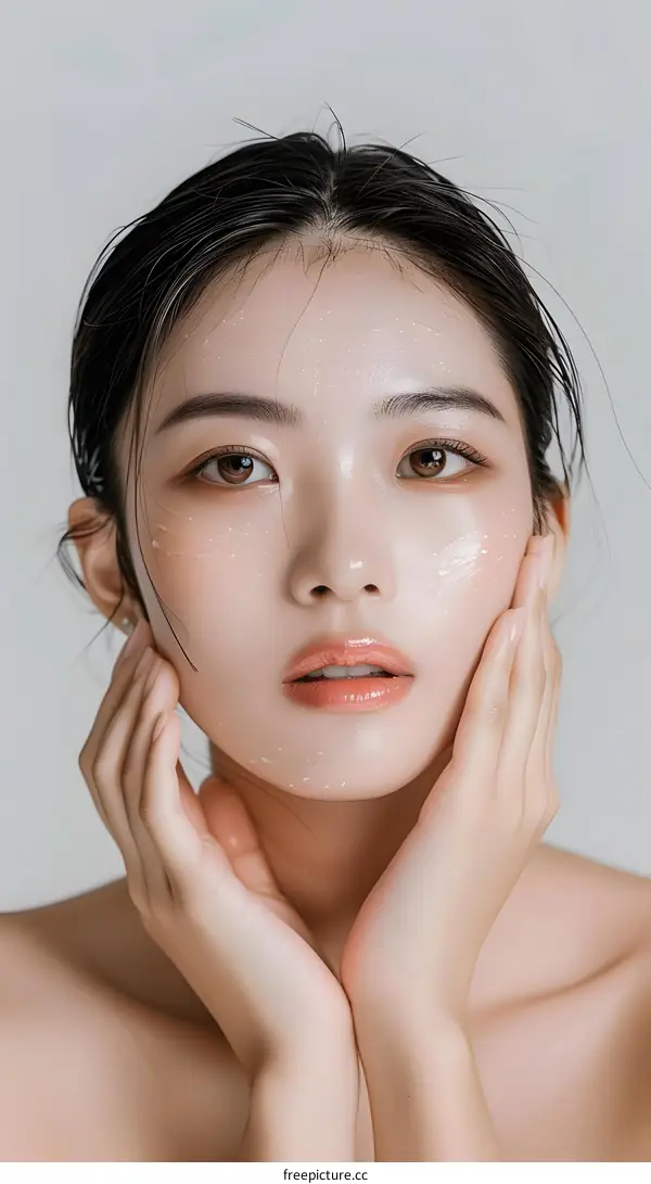 Close up Portrait of Young Asian Woman with Wet Skin