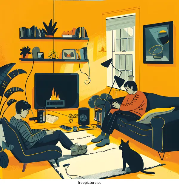 Two People Relaxing in a Living Room with a Fireplace and a Cat