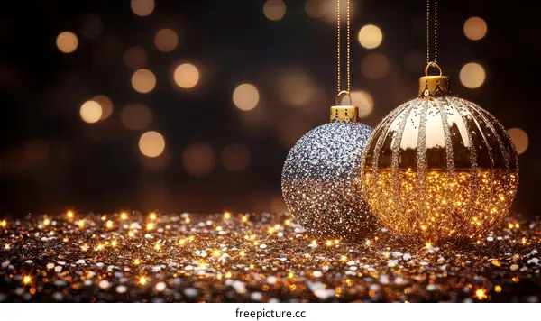 Sparkling Christmas Ornaments on Glittery Background
