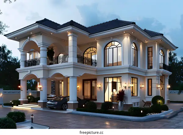 Three-story white villa