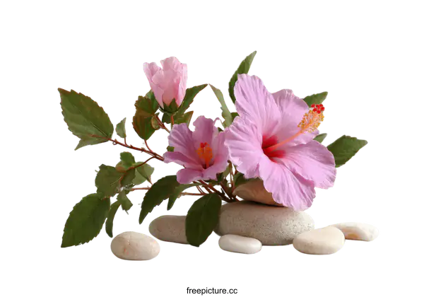 [Transparent Background PNG]Beautiful Pink Hibiscus Flowers on Stones
