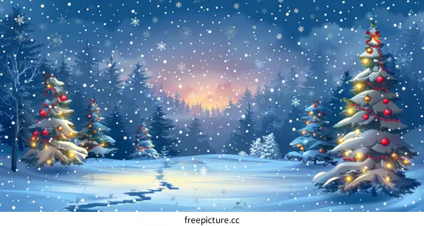 Christmas Snow Scene in Forest with Cabin and Lights