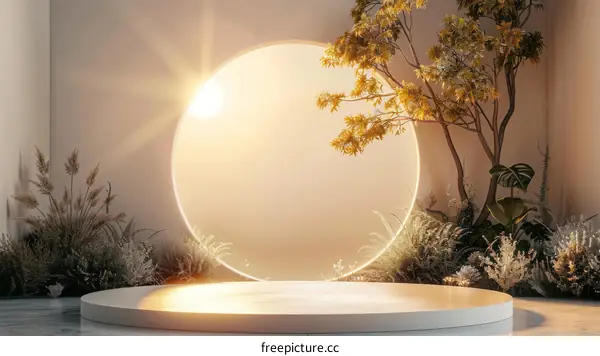 Modern Minimalist Empty Product Display Podium with Plants