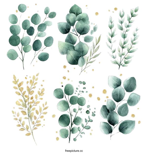 [Transparent Background PNG]Watercolor Eucalyptus Leaf Illustrations Set