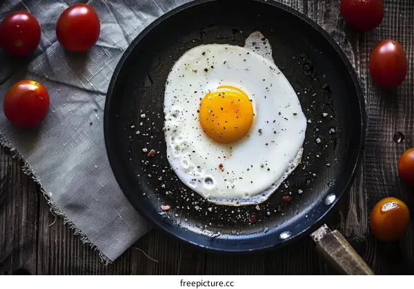 Fried egg in a frying pan with tomatoes