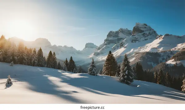Sunlit Snowy Mountain Range with Evergreen Trees in Winter