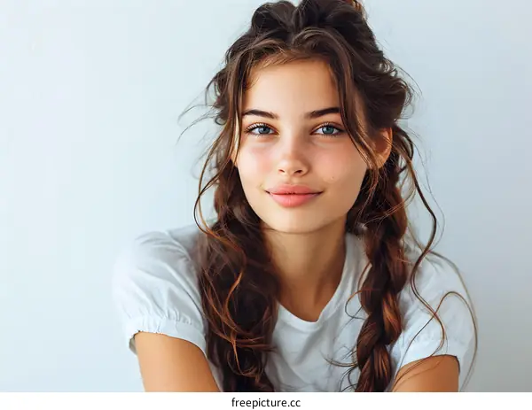 Young Woman with Long Brown Hair and Blue Eyes