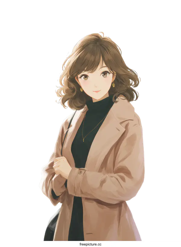 [Transparent Background PNG]Elegant Female Illustration in Beige Coat