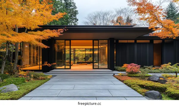 Modern Japanese House Entrance with Autumn Leaves