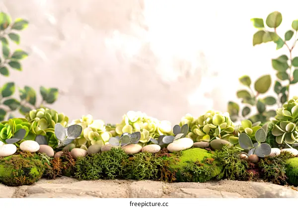 Green Plants with Stones and Moss on Brown Background