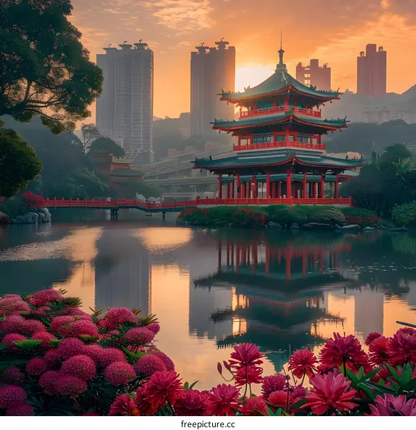 Traditional Chinese Pagoda with Red Bridge in Front of Skyscrapers