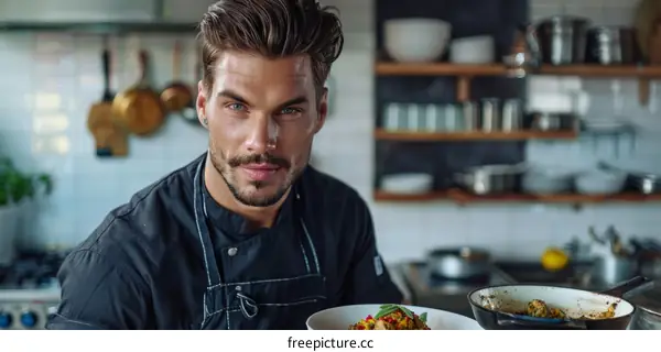 Handsome male chef cooking in the kitchen