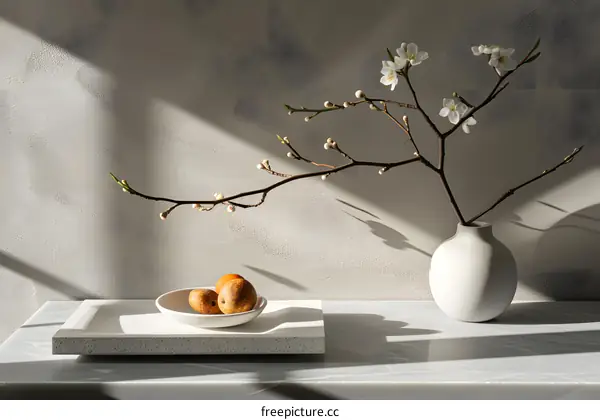 White Vase With Flower Branch And Fruit On Tray Against Beige Wall