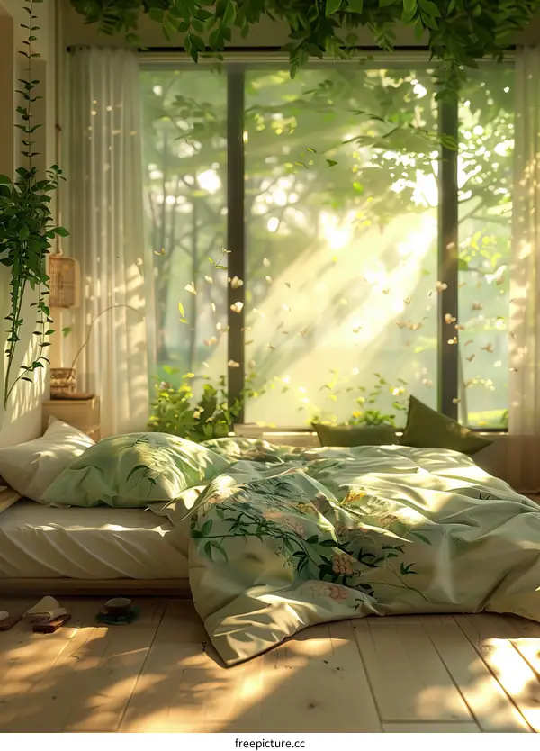 A Serene Bedroom with Lush Greenery and Natural Light