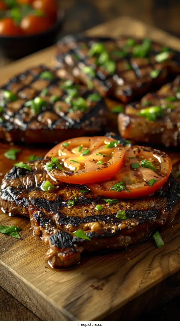 Grilled steak with juicy tomatoes and herbs