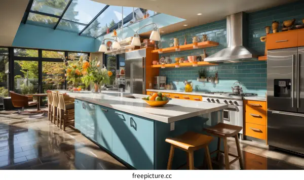 Blue and orange kitchen with large windows