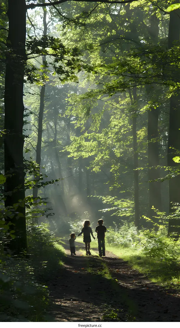 Three children are walking in the forest