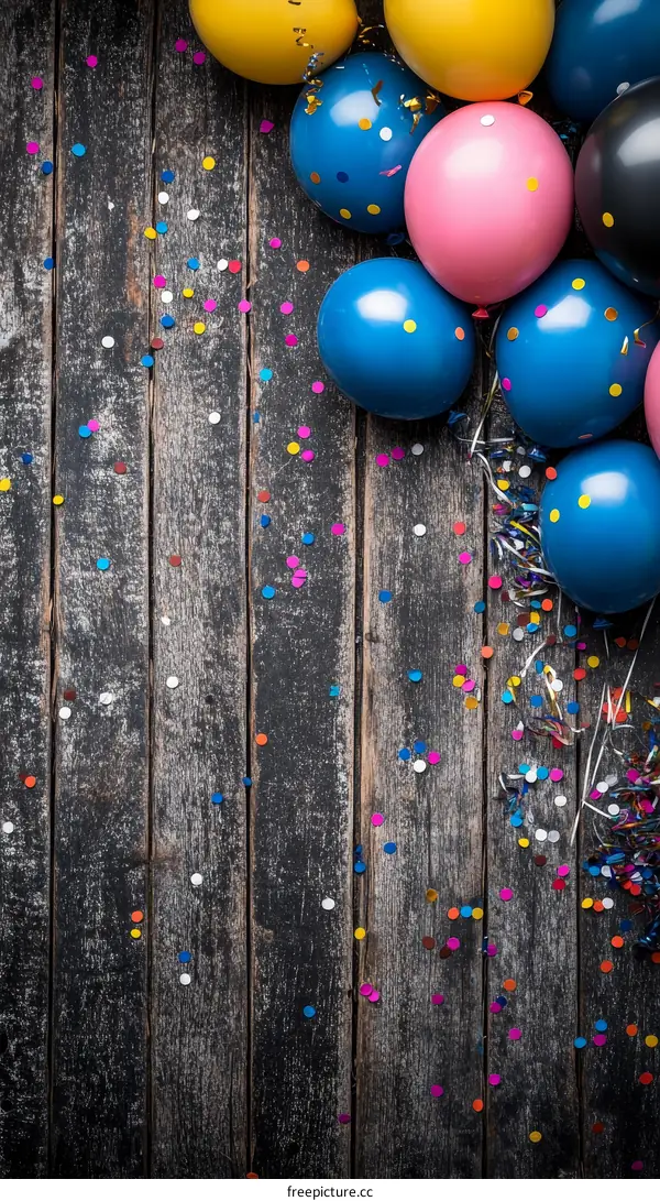Colorful Balloons and Confetti on Wooden Background