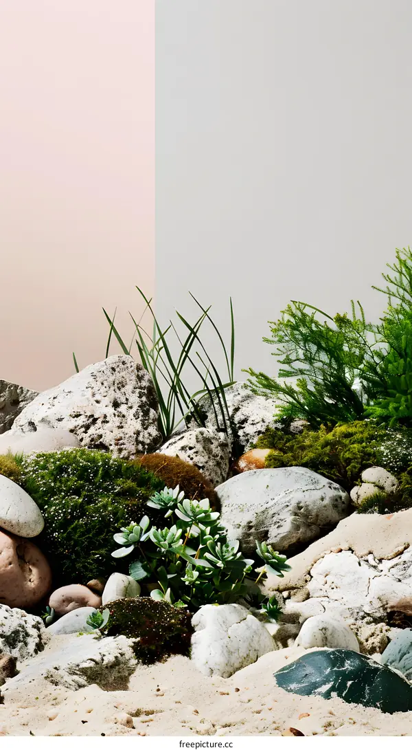 White and Beige Minimalist Wall with Green Plants and Rocks