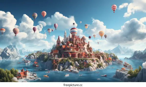 Surreal Fantasy City Floating Above Water with Majestic Mountains