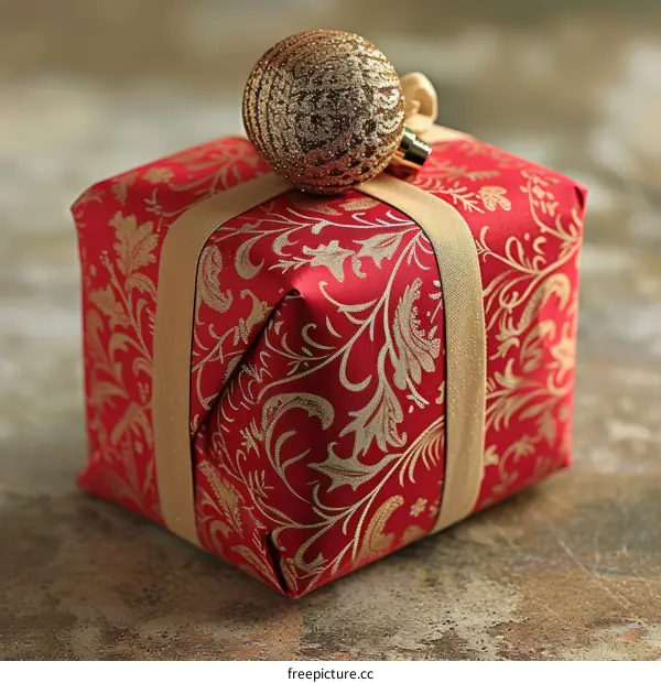 A red and gold Christmas present with a gold ball on top
